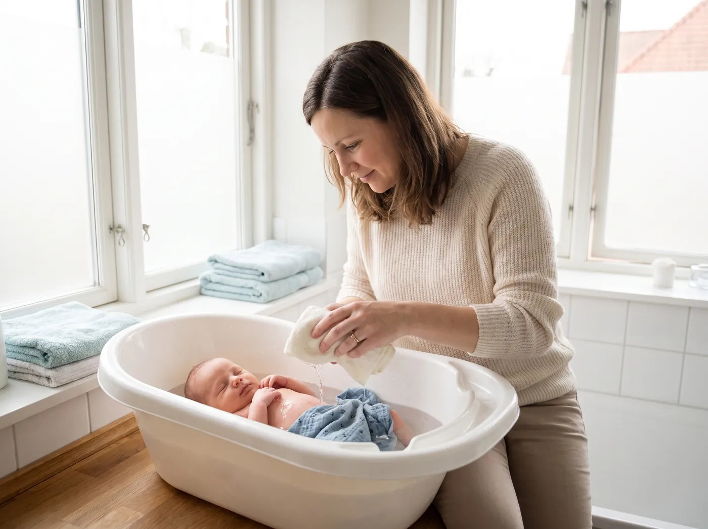 A mom gently bathing her newborn in a baby bath by a bright window