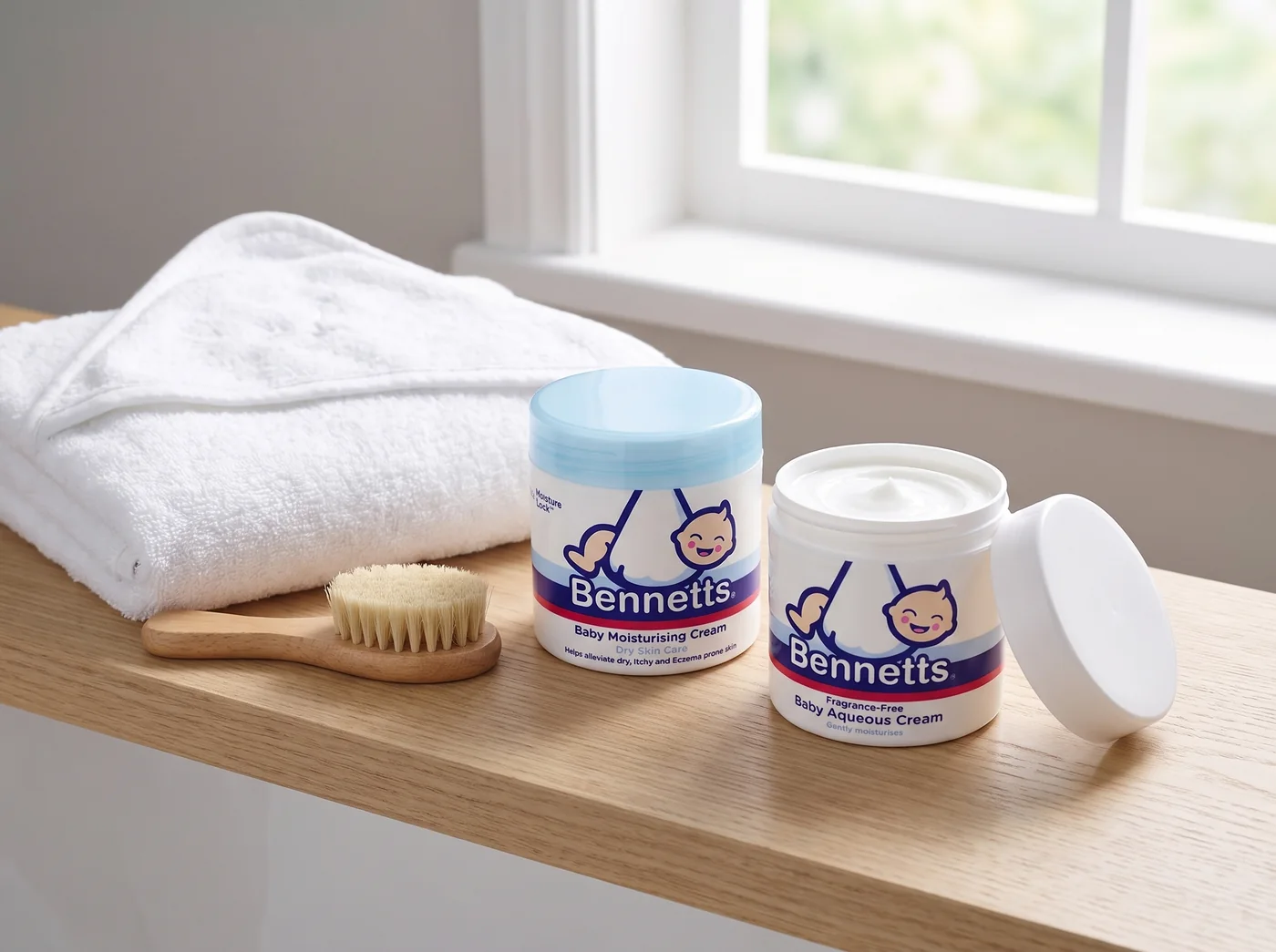 Tubs of Bennetts Baby Moisturising Cream and Fragrance Free Aqueous Cream on a bathroom shelf beside a hooded baby towel