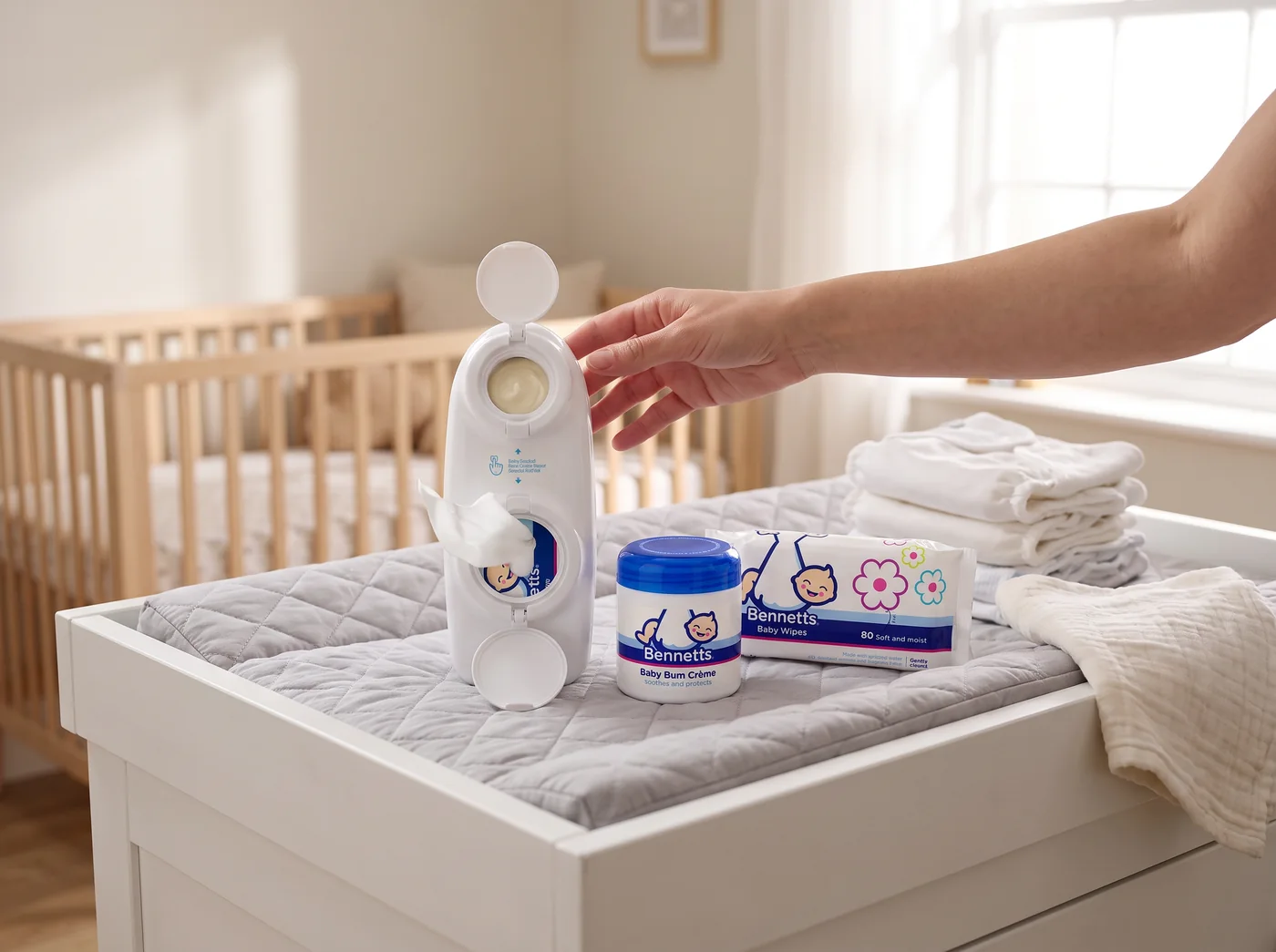 A parent reaching for a white Bennetts Bum Buddy on a changing table, beside a tub of Baby Bum Crème and a pack of Baby Wipes