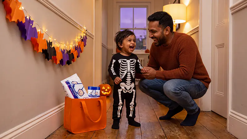 A dad laughing with his toddler in a skeleton onesie in a Halloween hallway, with a treat bag of Bennetts Baby Wipes and Bum Crème