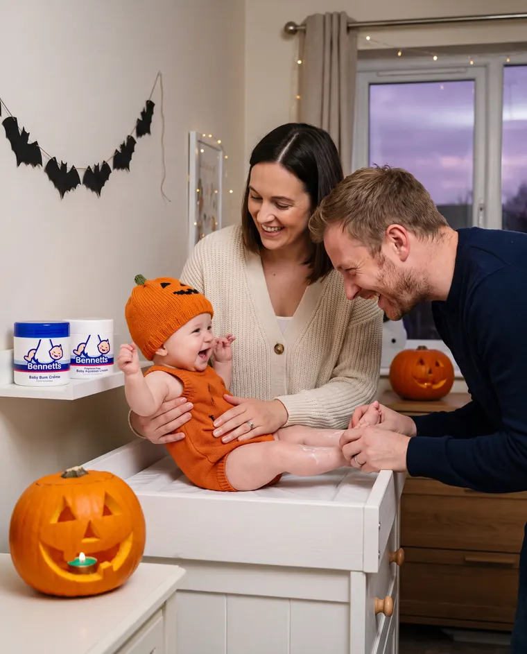 A mom and dad laughing with their baby in a knitted pumpkin hat at the changing table on Halloween evening, with Bennetts Baby Bum Crème and Aqueous Cream on the shelf