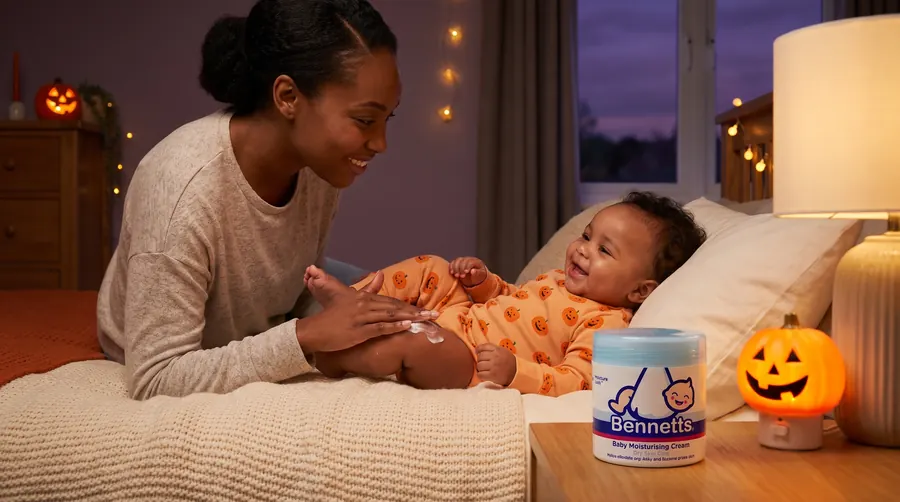 A mom smoothing cream on her laughing baby’s leg, with Bennetts Moisturising Cream on the nightstand