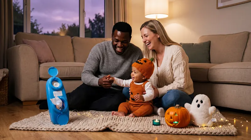 Parents laughing with their baby on a rug, with a blue Bennetts Bum Buddy beside them