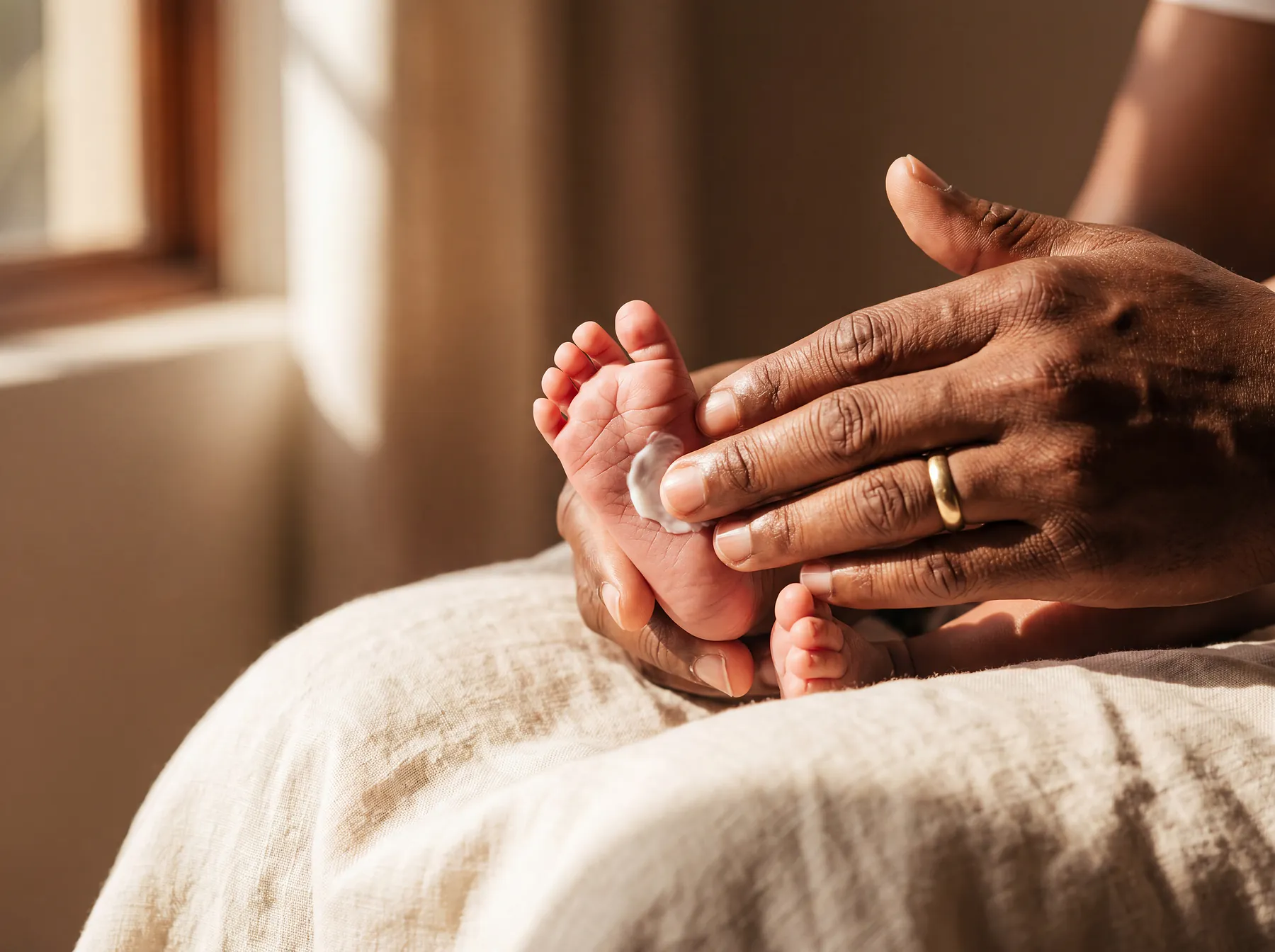 A parent’s hands gently smoothing a dab of cream onto a newborn’s foot