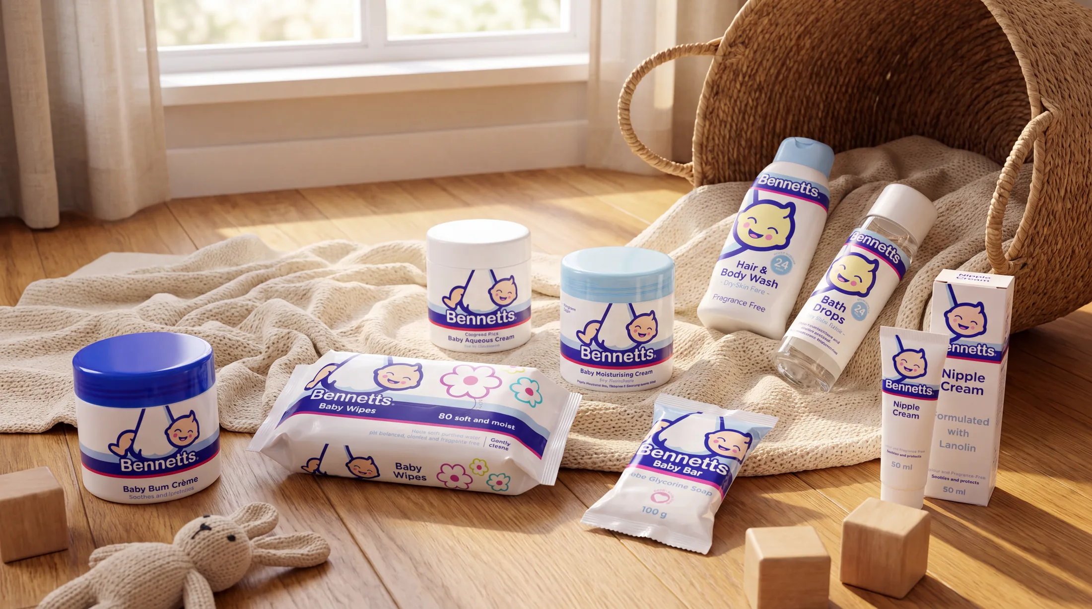 Bennetts Baby Bum Crème, Baby Wipes, Aqueous Cream, Moisturising Cream, Hair & Body Wash, Bath Drops, a Baby Bar and Nipple Cream tumbled out of a basket across a sunny nursery floor