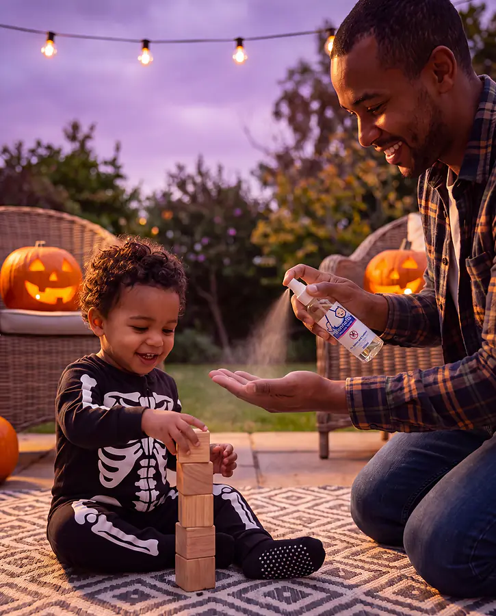 A dad spraying Bennetts Mozzie Spray into his own palm on the patio while his toddler in a skeleton onesie stacks blocks