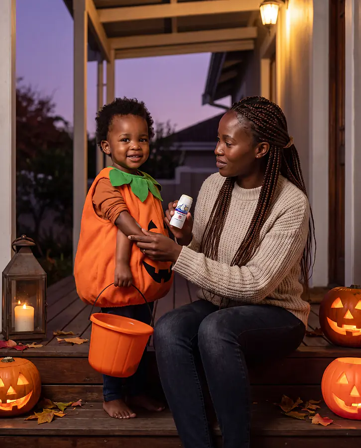 A mom putting Bennetts Mozzie Stick on her toddler on the porch