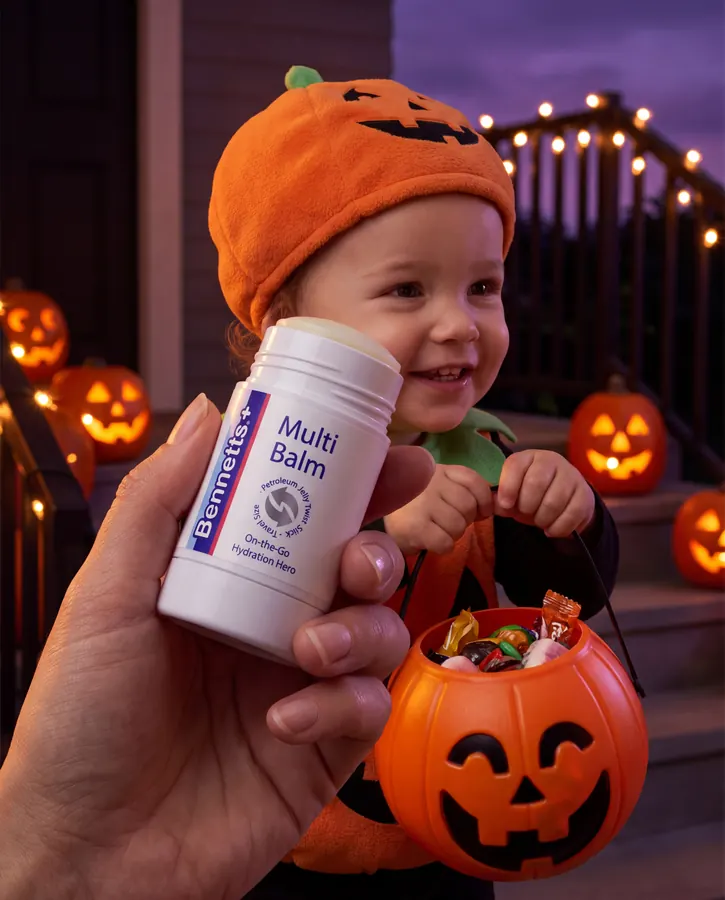 A toddler in a pumpkin hat with a candy bucket on the steps, and a hand holding up a Bennetts Multi Balm