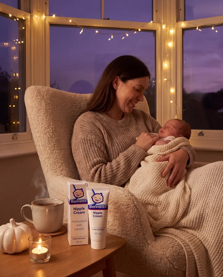 A mom cradling her newborn in an armchair, with Bennetts Nipple Cream on the side table