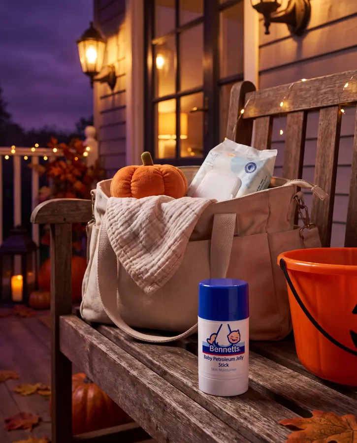 A nappy bag on a porch bench with a plush pumpkin and a muslin, and a Bennetts Petroleum Jelly Stick in front